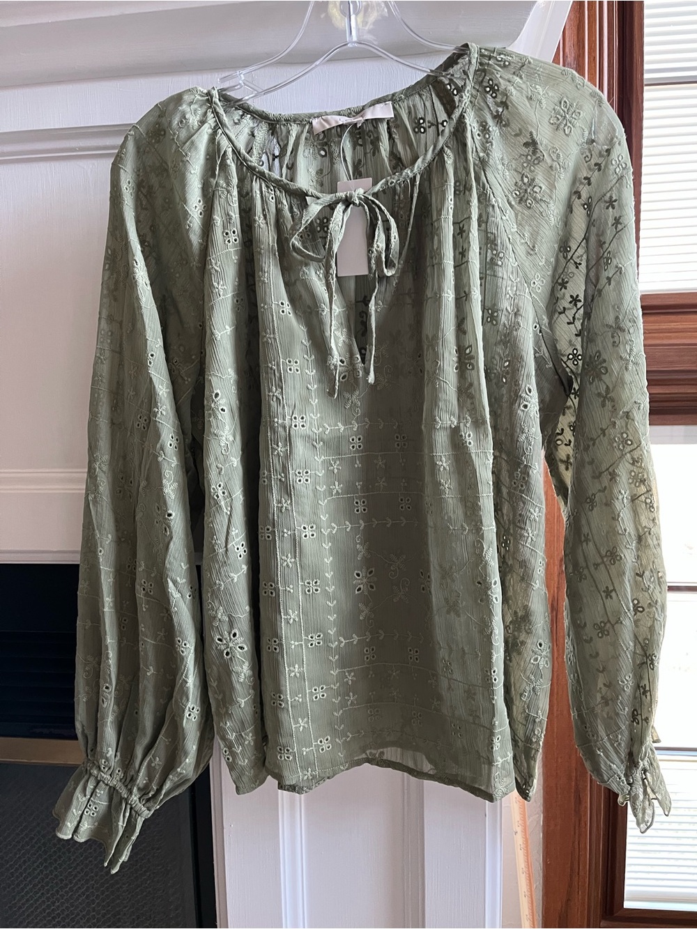 LOFT Eyelet Ruffle Cuff Tie Neck Blouse in Joshua Tree Green